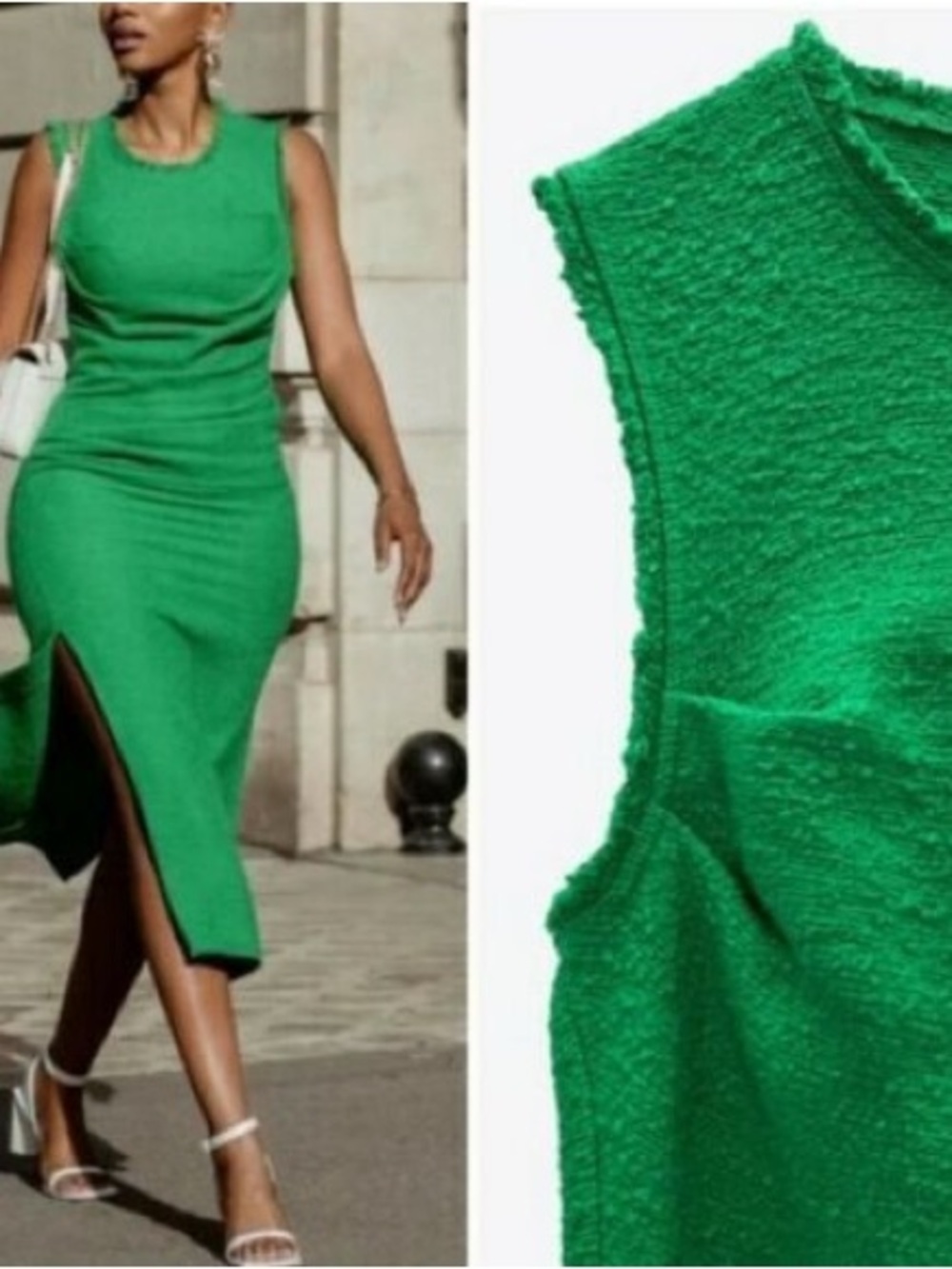 Zara Bright Green Sleeveless Midi Dress with Front Slit